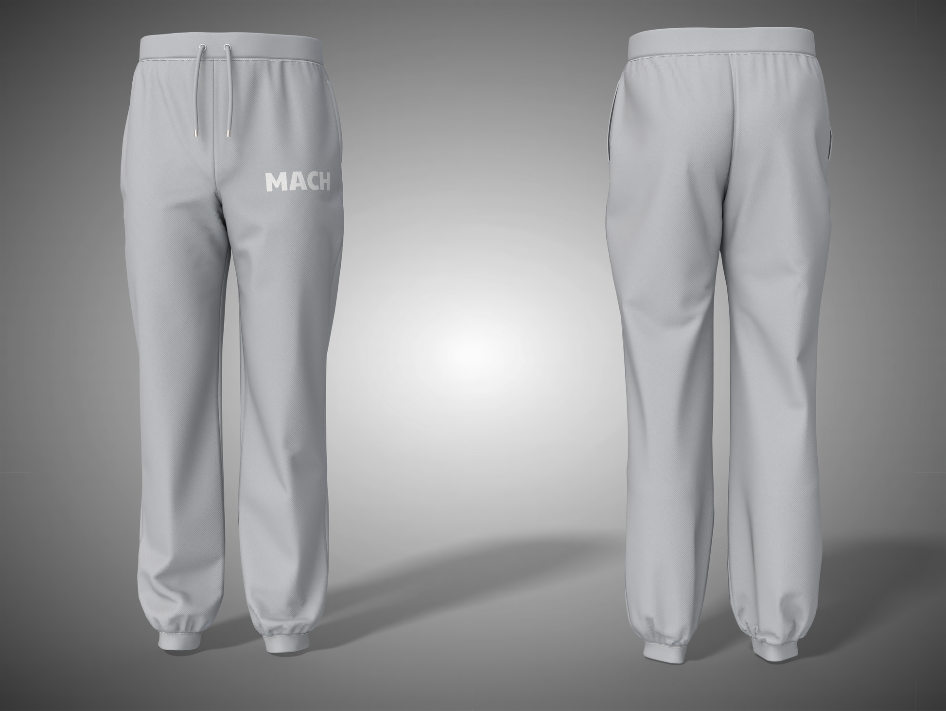 Grey Melange sweatpants with 'MACH' branding on a gray background