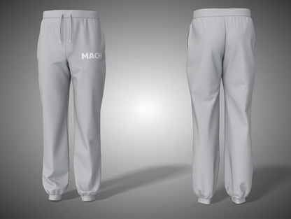 Grey Melange sweatpants with 'MACH' branding on a gray background