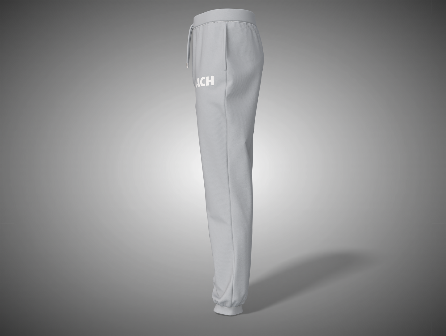 Gray sweatpants with a brand logo on a gray background