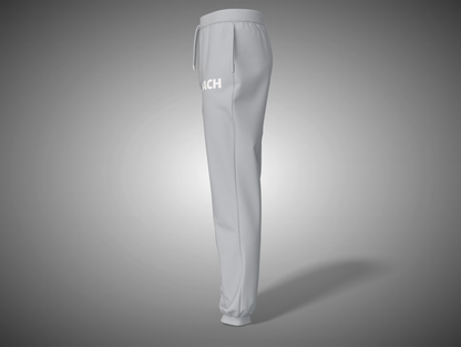 Gray sweatpants with a brand logo on a gray background