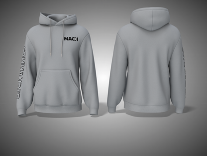 Grey Melange hoodie with branding on a gray background