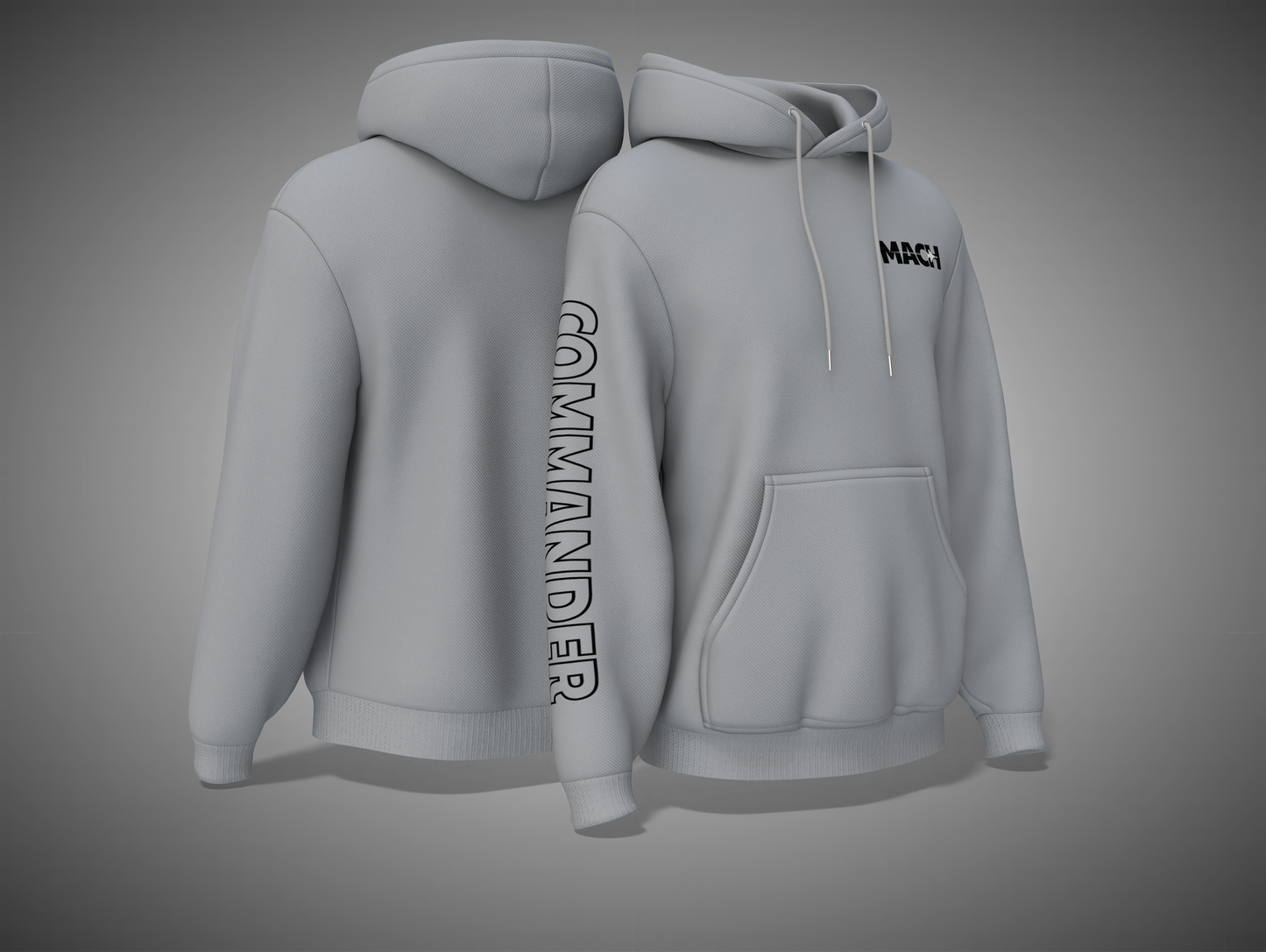 Grey Melange hoodie with text on the front and back against a gray background