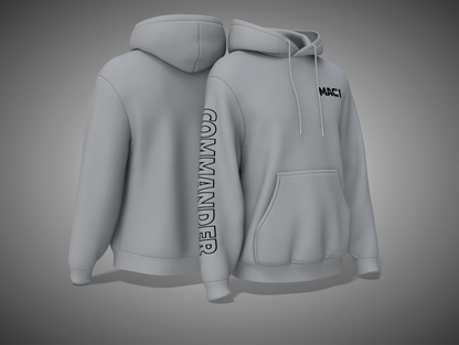 Grey Melange hoodie with text on the front and back against a gray background