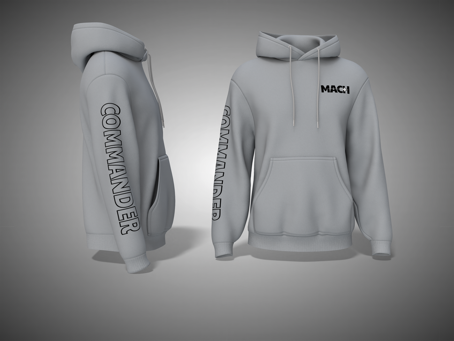 Grey Melange hoodie with 'COMMANDER' text on sleeve and 'MAC' logo on chest against a gray background