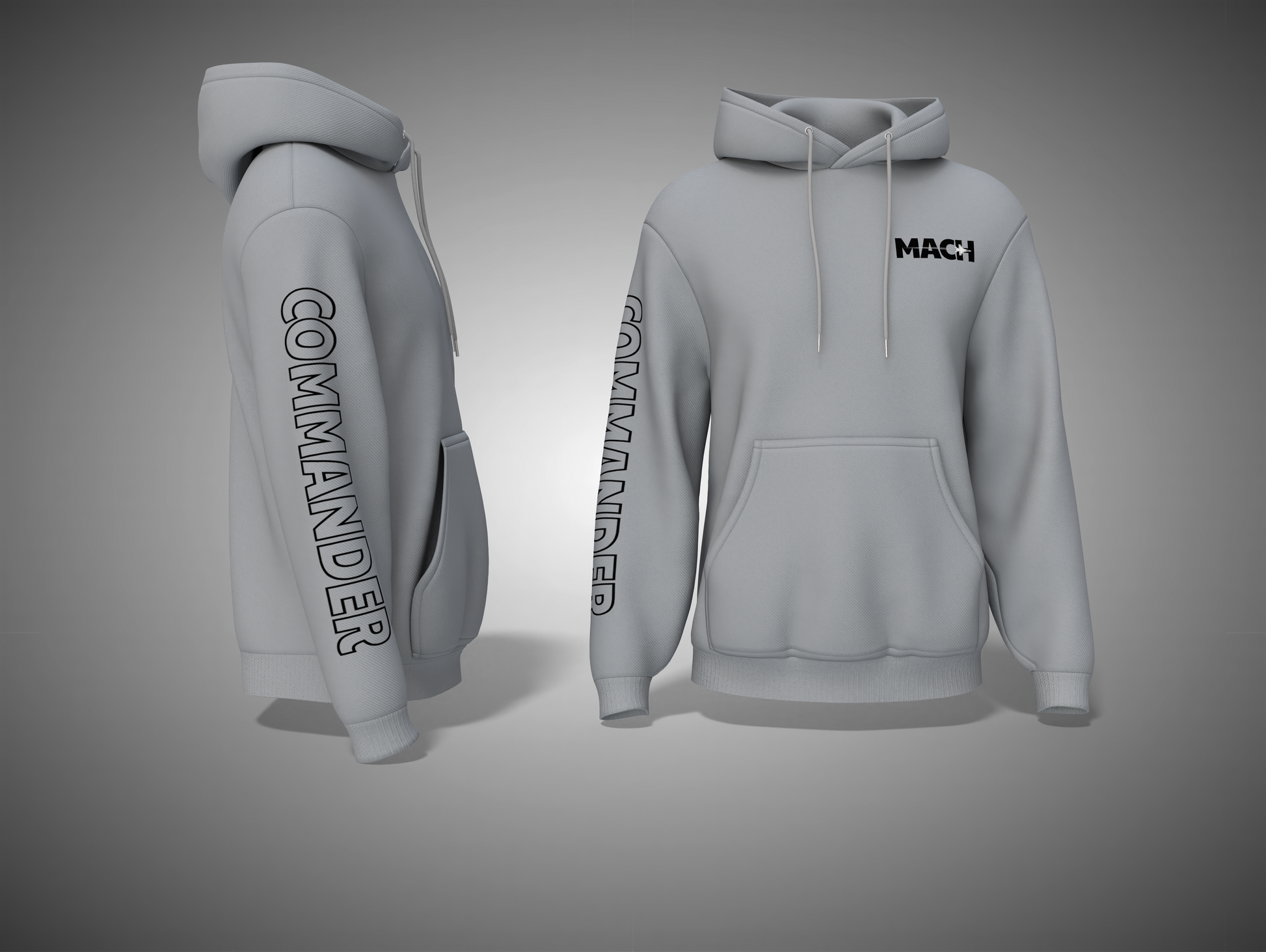 Grey Melange hoodie with 'COMMANDER' text on sleeve and 'MAC' logo on chest against a gray background