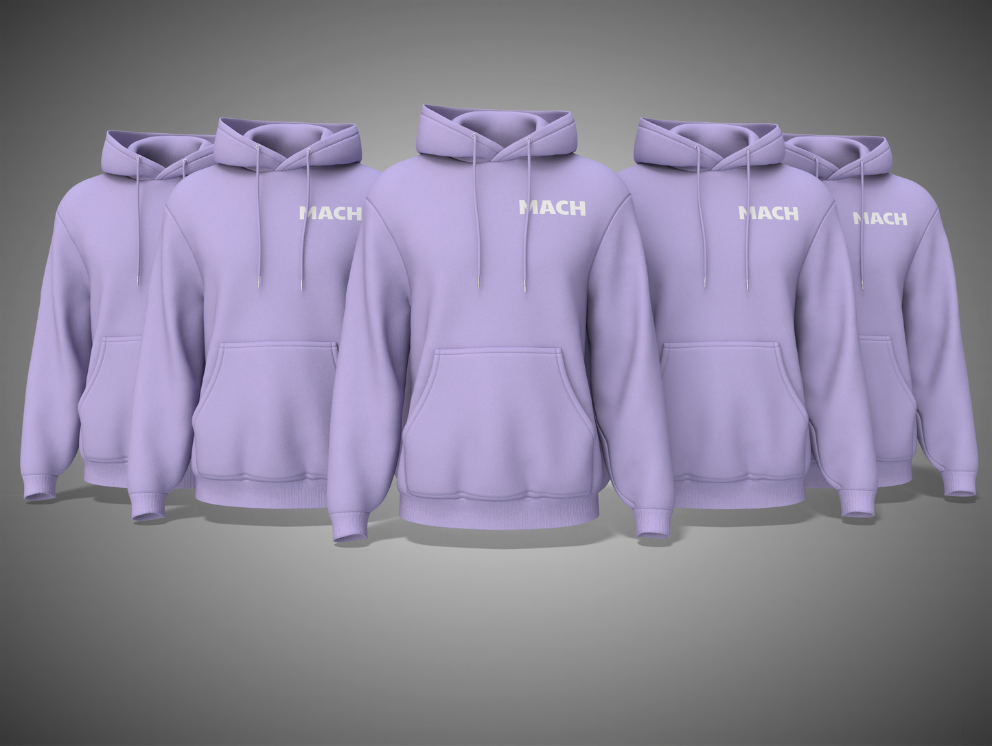 Lavender hoodies with 'HACH' branding on a gray background