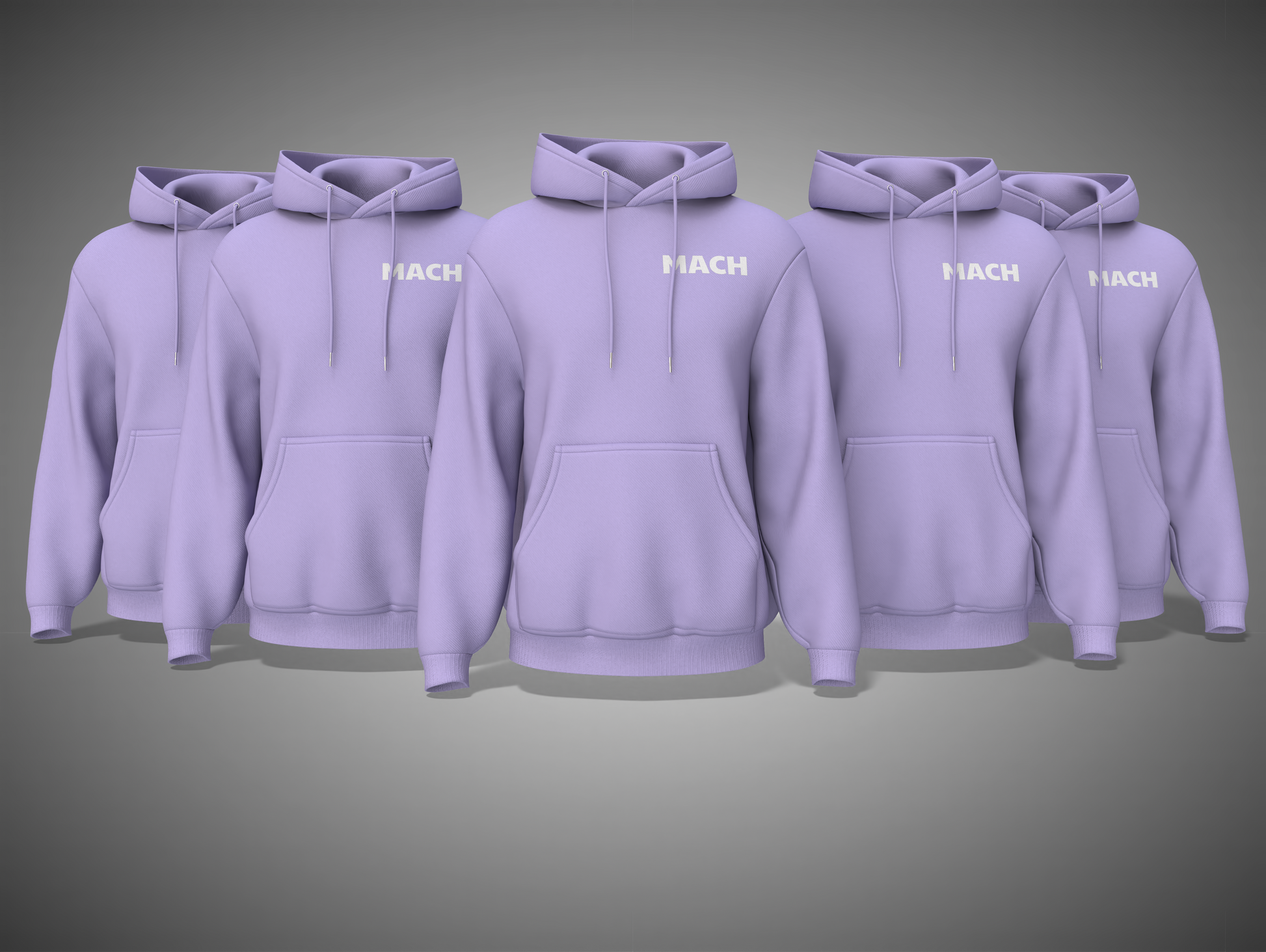 Lavender hoodies with 'HACH' branding on a gray background