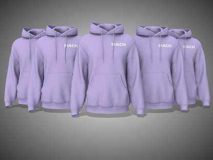 Lavender hoodies with 'HACH' branding on a gray background