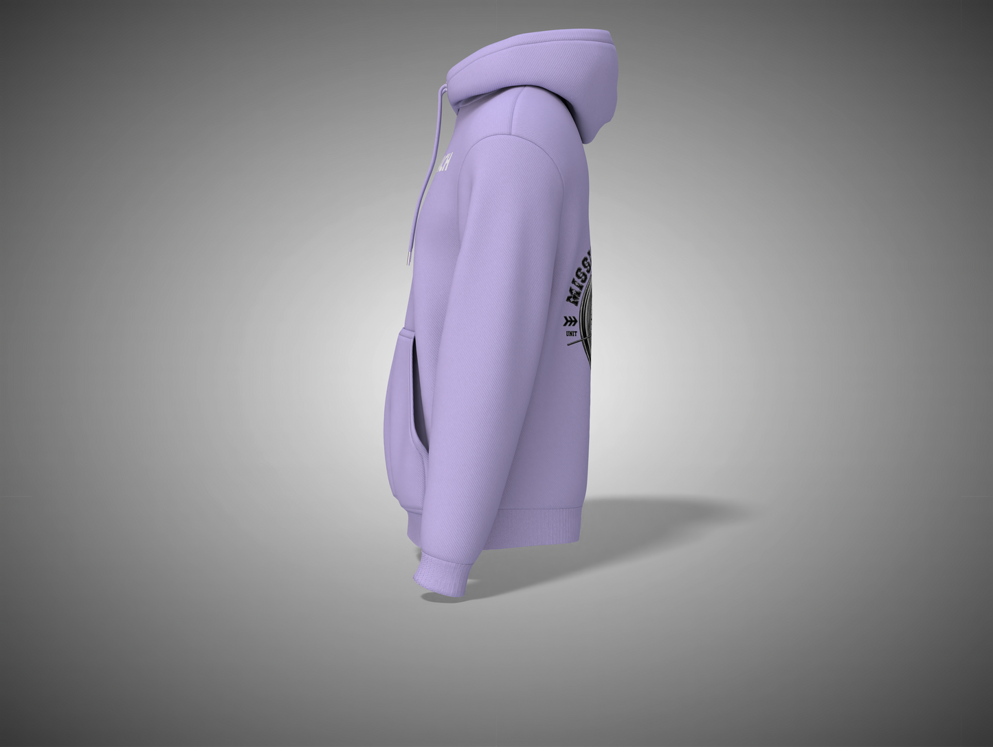 Lavender hoodie with a logo on the sleeve against a gray background