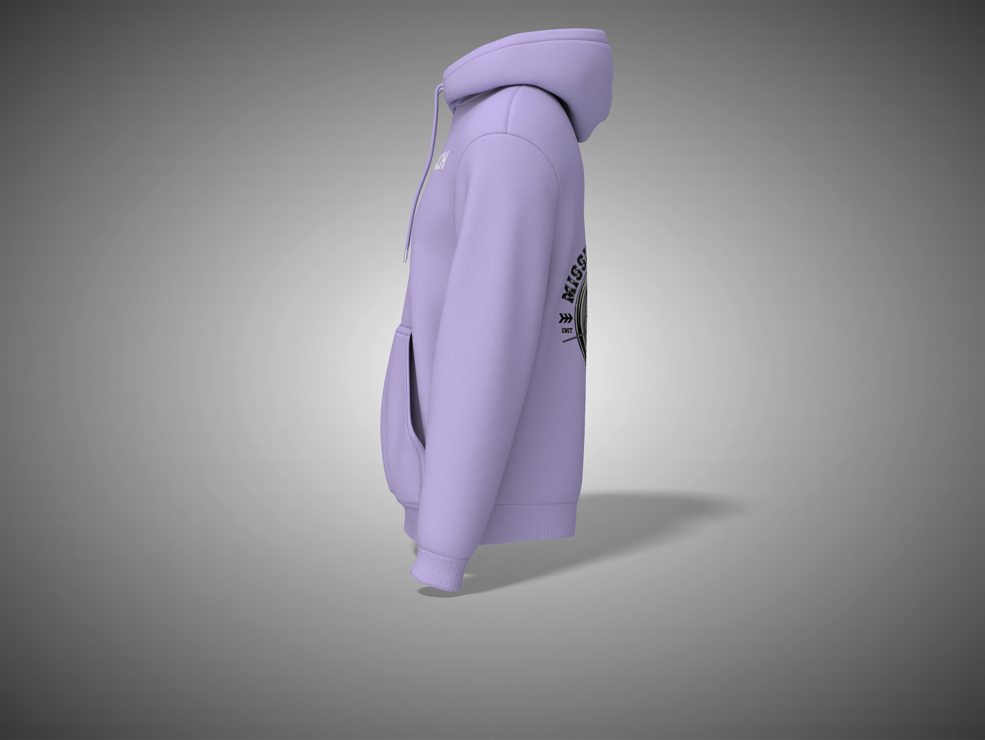 Lavender hoodie with a logo on the sleeve against a gray background