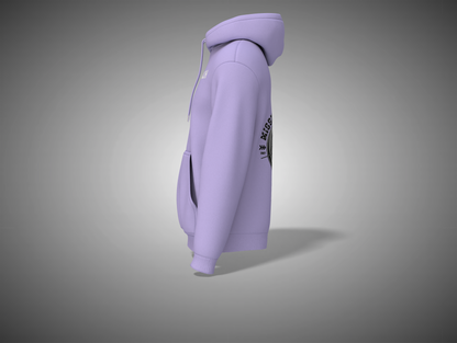 Lavender hoodie with a logo on the sleeve against a gray background