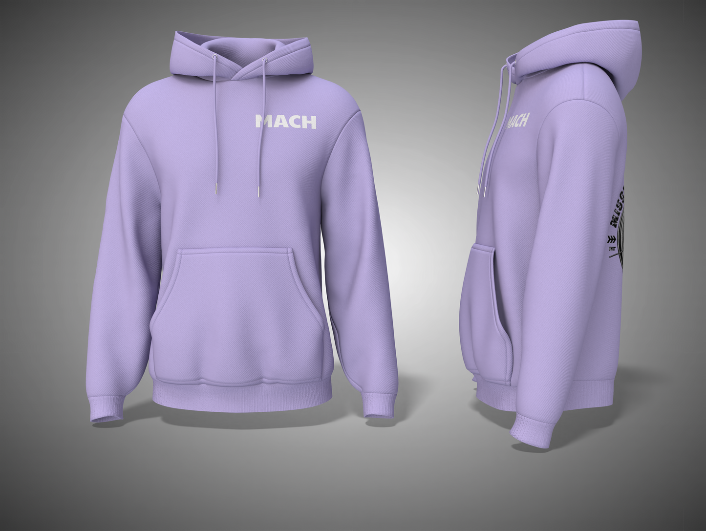 Lavender hoodie with 'MACH' branding on a gray background