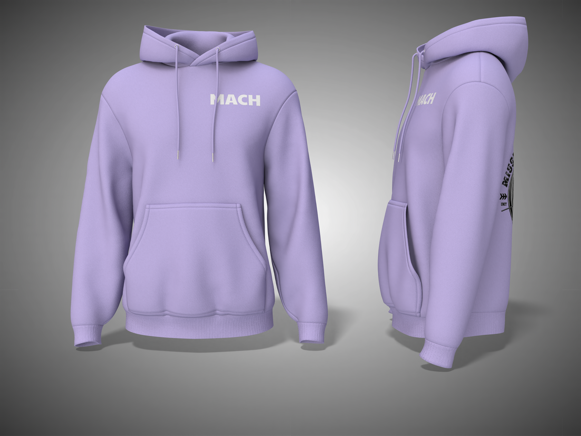 Lavender hoodie with 'MACH' branding on a gray background