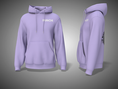 Lavender hoodie with 'MACH' branding on a gray background