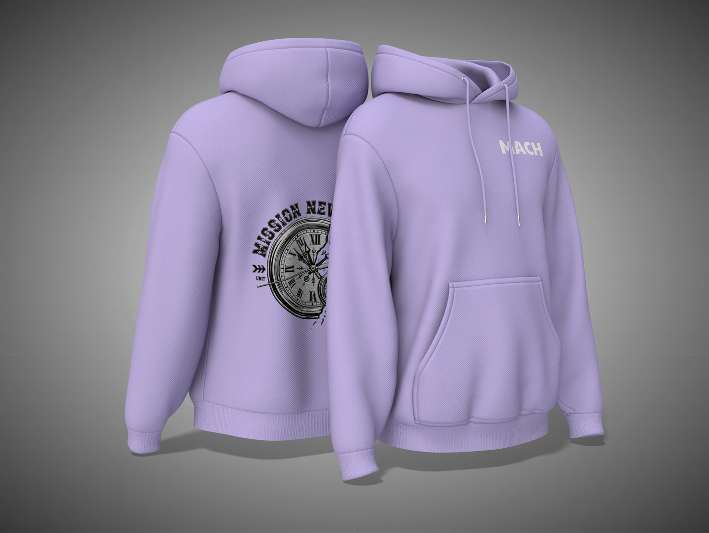 Lavender hoodie with a clock design on the back and text on the front, displayed against a gray background.