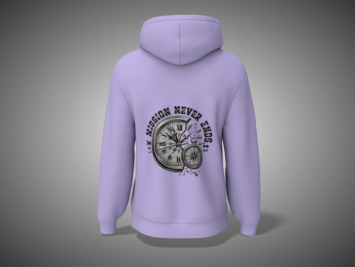 Lavender hoodie with a clock design and text on the back against a gray background