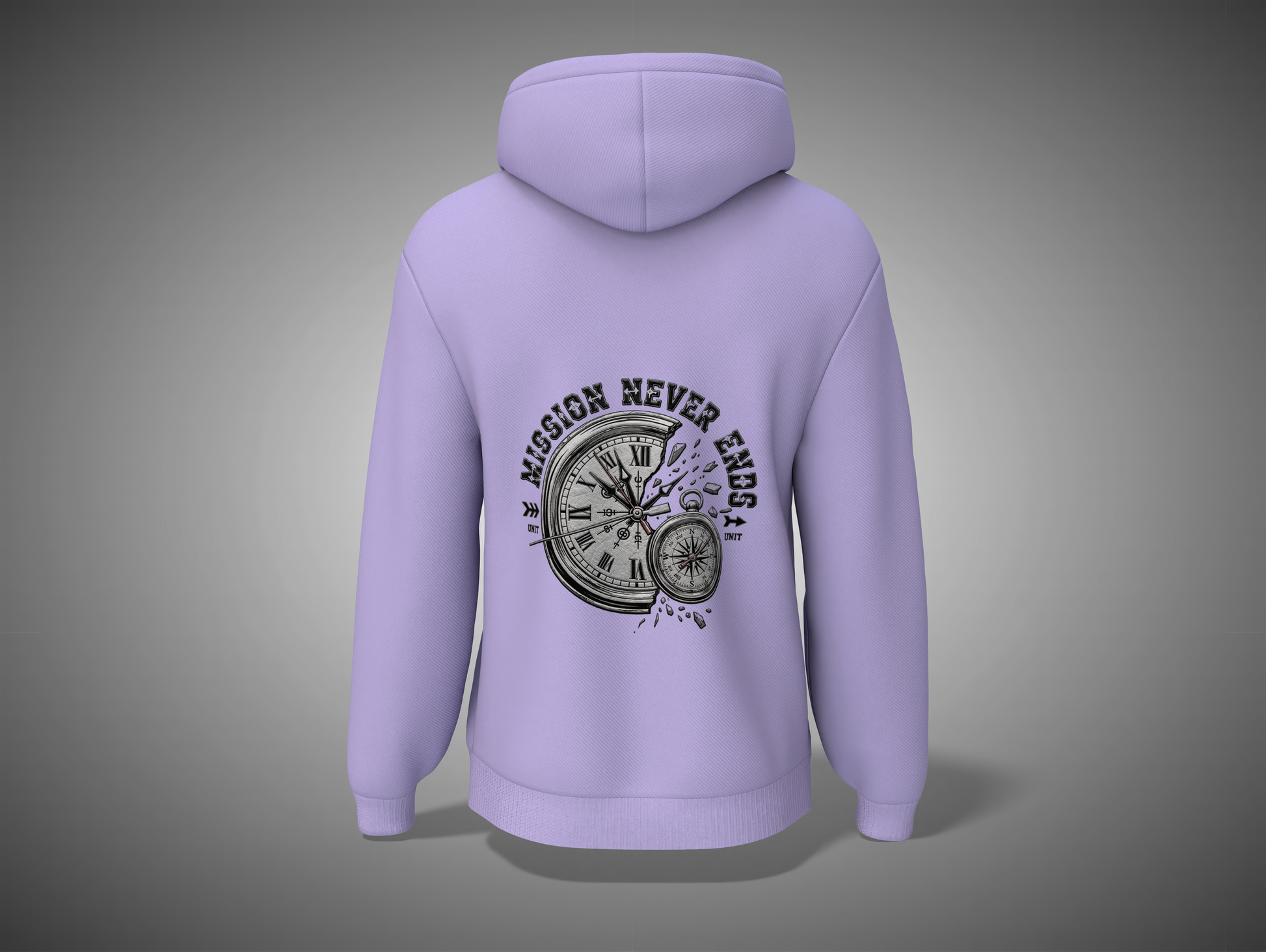 Lavender hoodie with a clock design and text on the back against a gray background