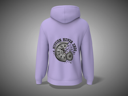 Lavender hoodie with a clock design and text on the back against a gray background