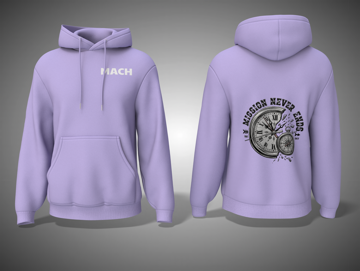 Lavender hoodie with front and back designs on a gray background