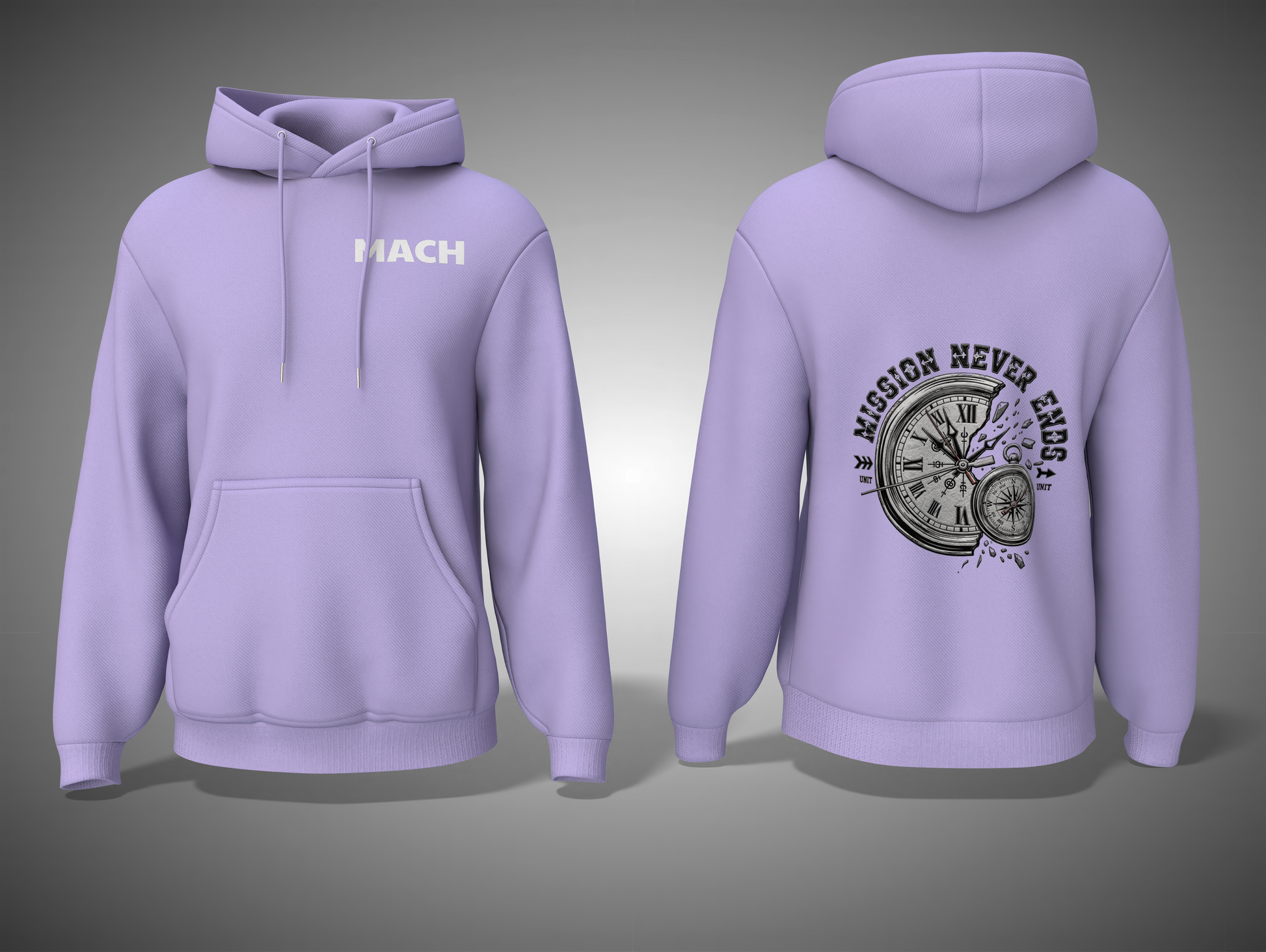 Lavender hoodie with front and back designs on a gray background