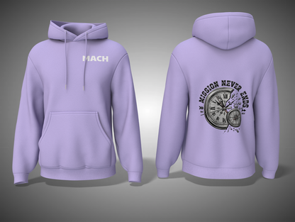 Lavender hoodie with front and back designs on a gray background