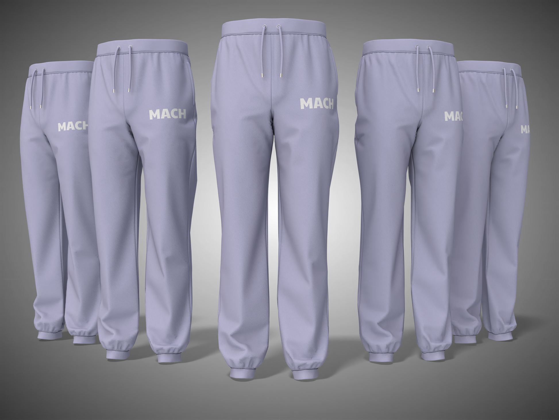 Lavender sweatpants with 'MACH' branding on a gradient gray background