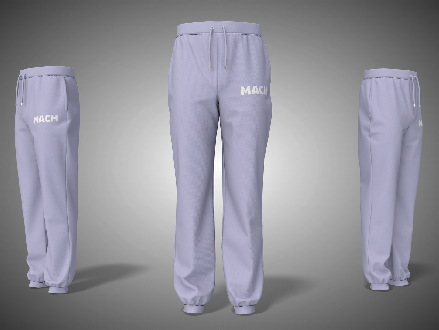 Lavender sweatpants with 'MACH' branding on a gradient gray background