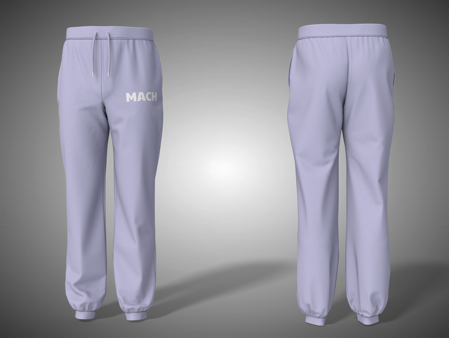 Lavender sweatpants with 'MACH' branding on a gradient background