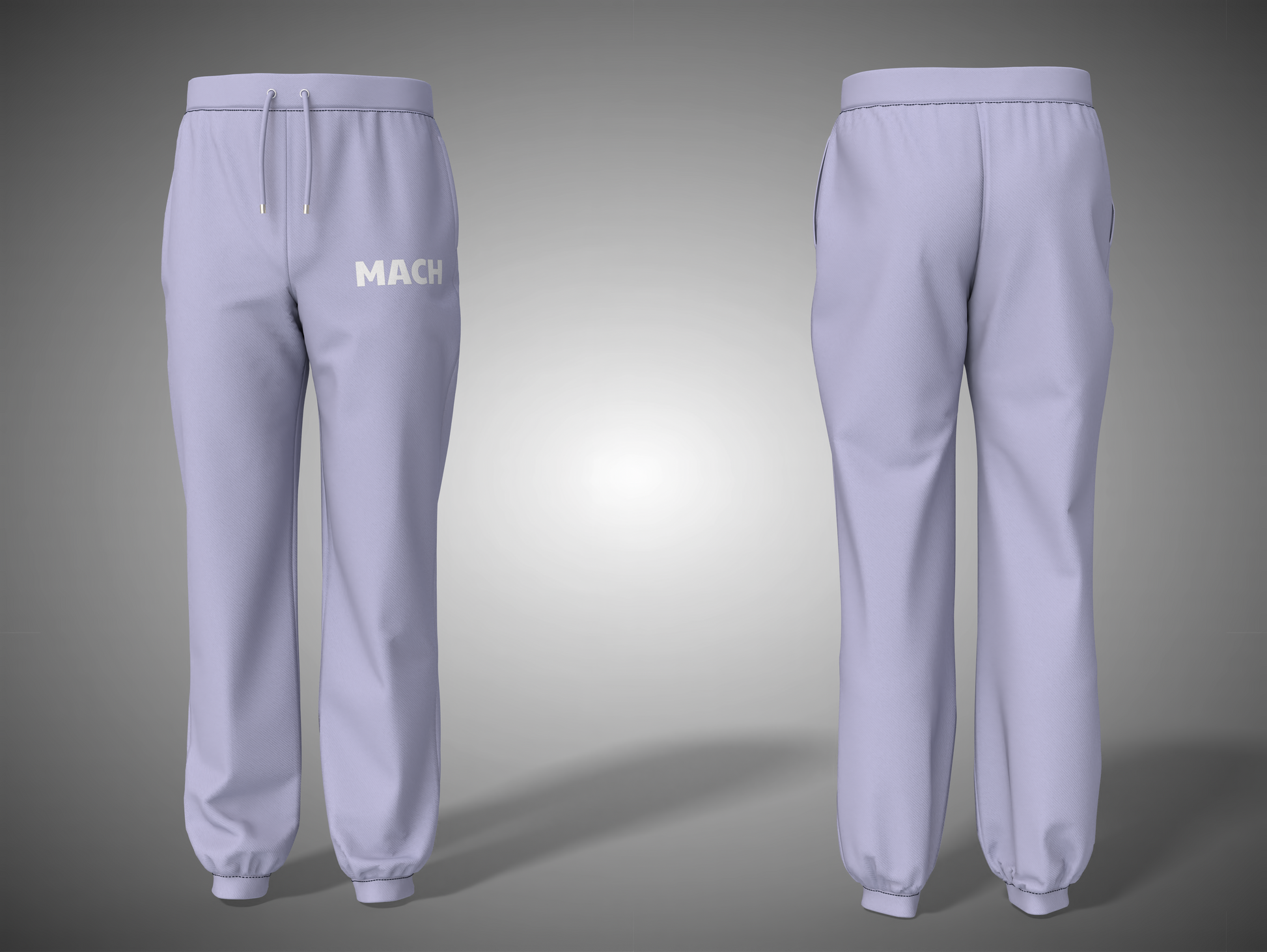 Lavender sweatpants with 'MACH' branding on a gradient background