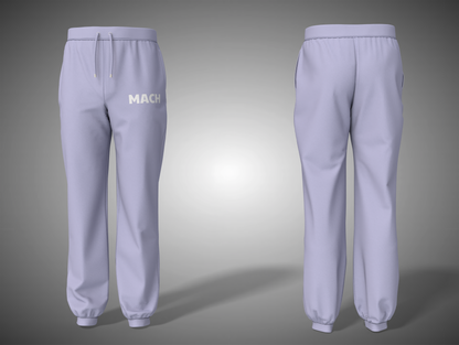 Lavender sweatpants with 'MACH' branding on a gradient background