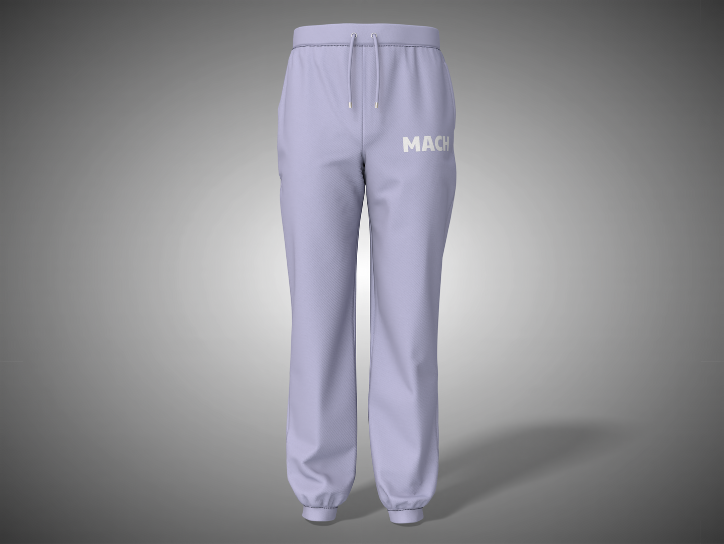 Lavender sweatpants with 'MACK' branding on a gray background
