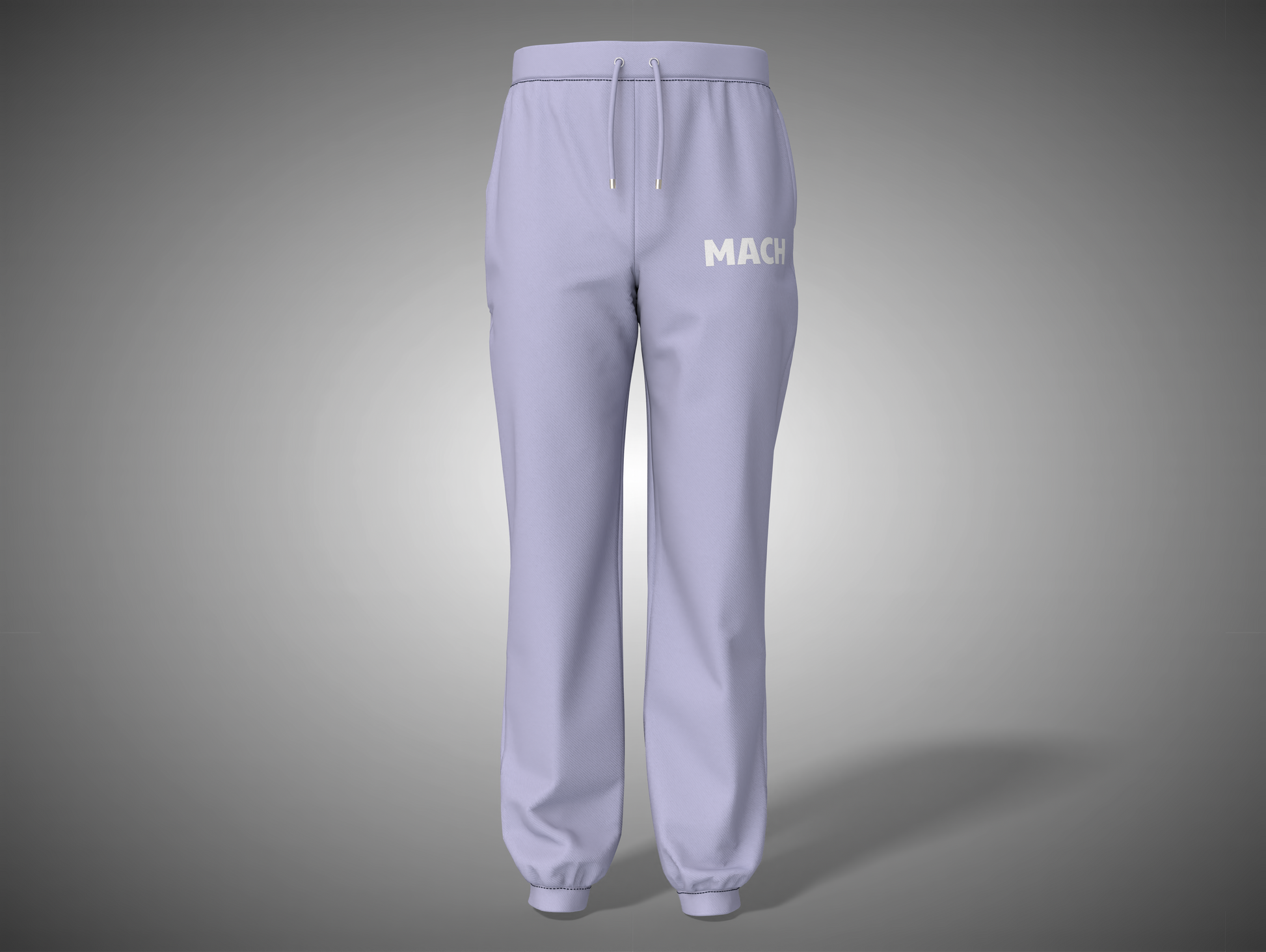 Lavender sweatpants with 'MACK' branding on a gray background