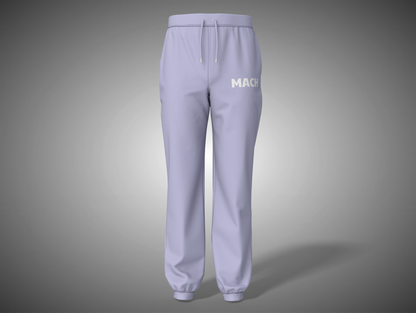 Lavender sweatpants with 'MACK' branding on a gray background