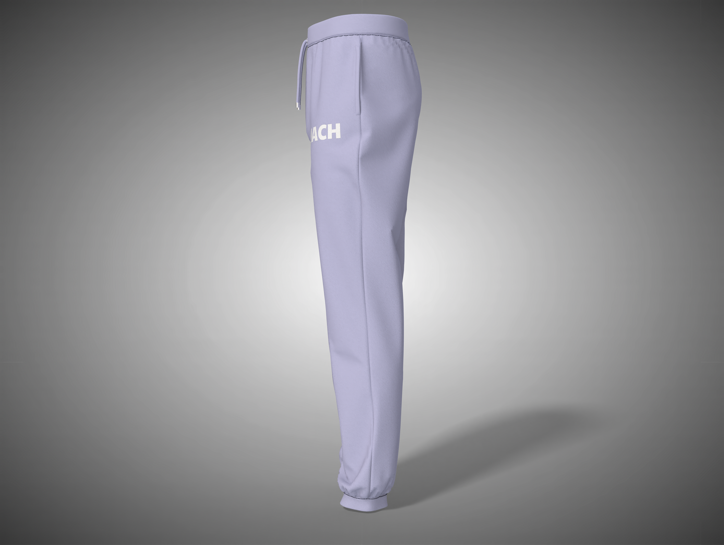 Lavender sweatpants with a brand logo on a gray background
