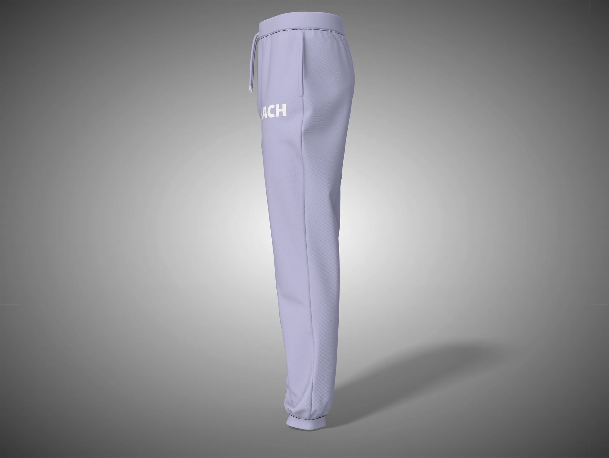 Lavender sweatpants with a brand logo on a gray background