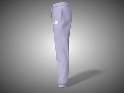 Lavender sweatpants with a brand logo on a gray background