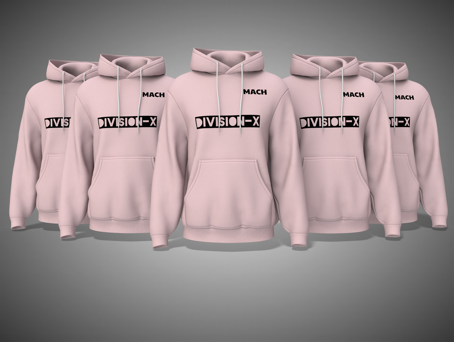 Light baby Pink hoodies +with 'MACH DIVISION-X' text on a gray background