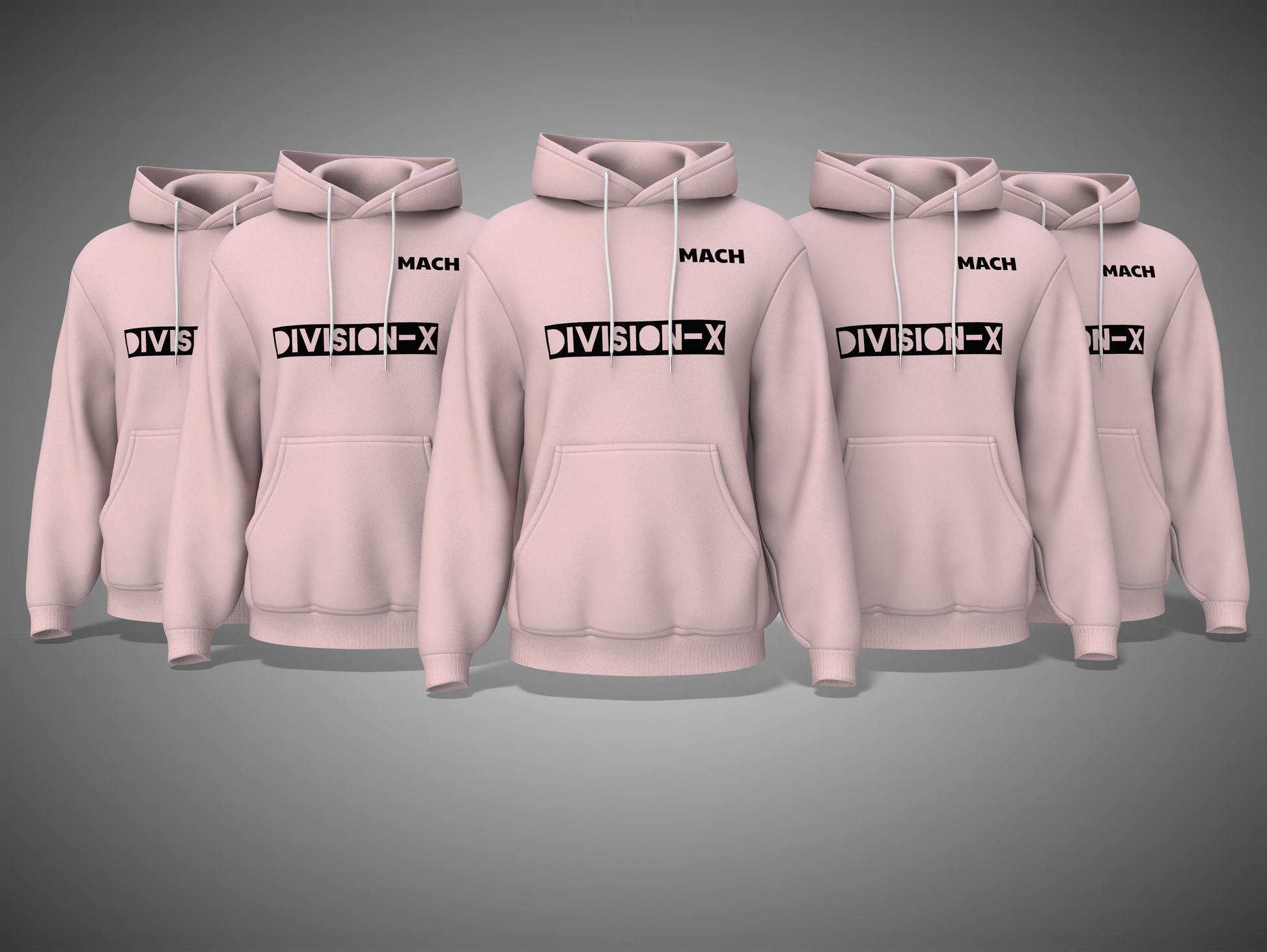 Light baby Pink hoodies +with 'MACH DIVISION-X' text on a gray background