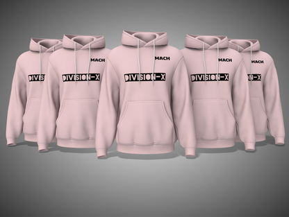 Light baby Pink hoodies +with 'MACH DIVISION-X' text on a gray background