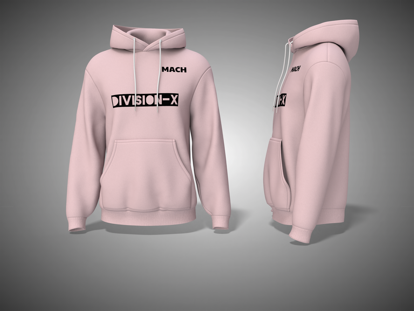 Light Baby Pink hoodie with 'MACH DIVISION-X' branding on a gray background