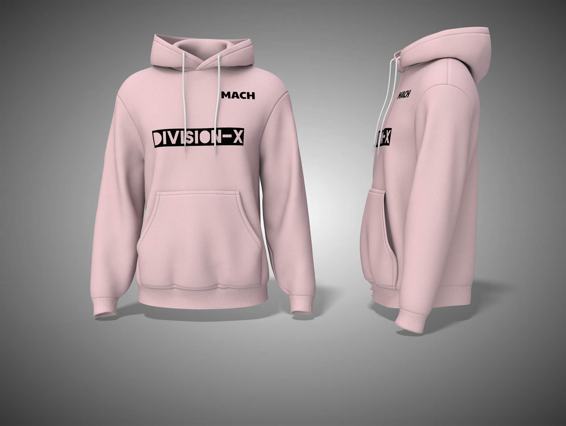 Light Baby Pink hoodie with 'MACH DIVISION-X' branding on a gray background