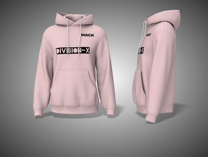 Light Baby Pink hoodie with 'MACH DIVISION-X' branding on a gray background