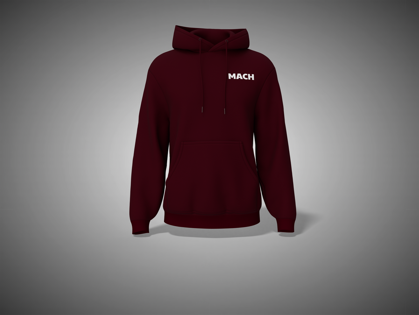 Maroon hoodie with 'MACH' logo on a gray background