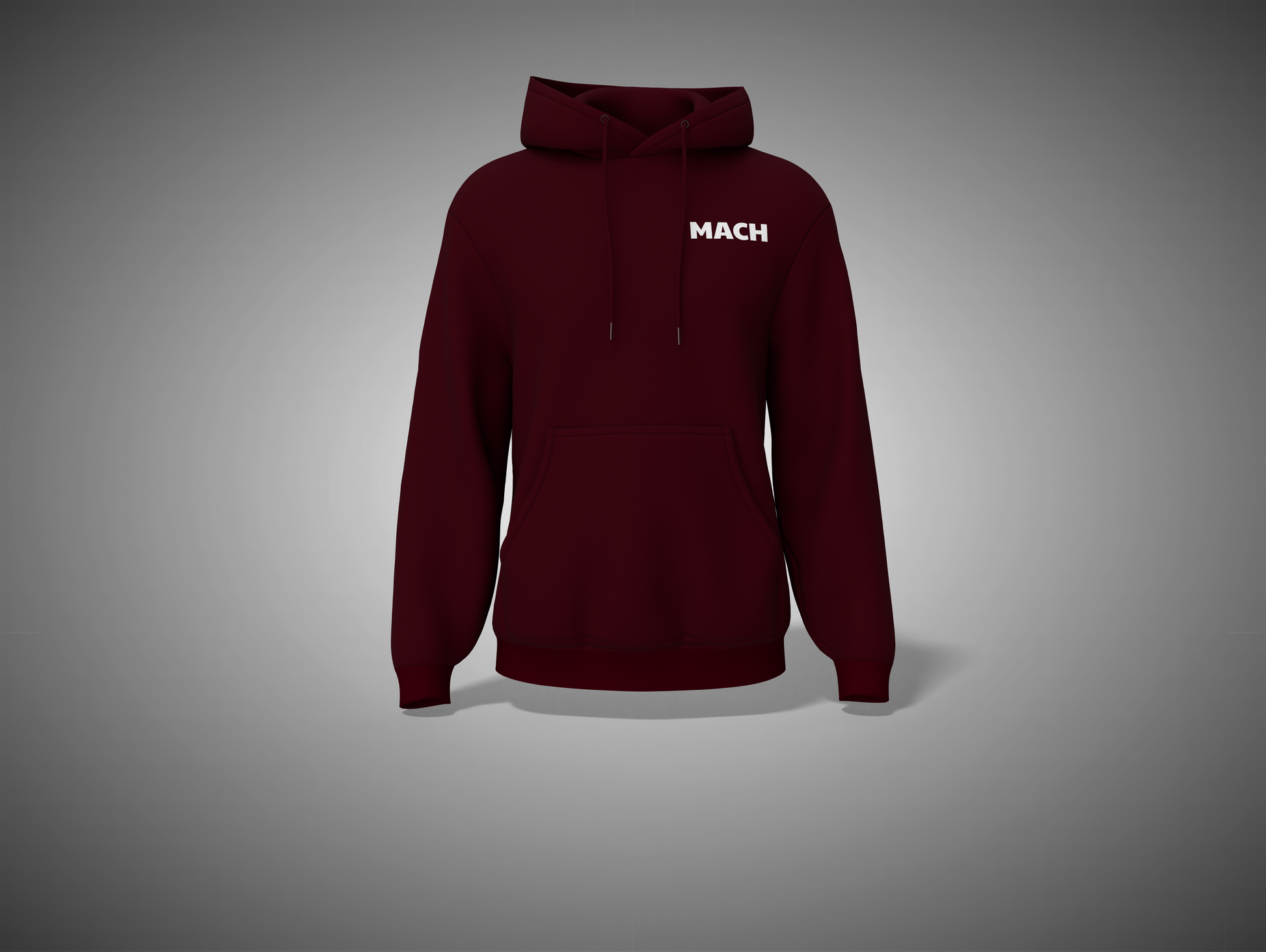 Maroon hoodie with 'MACH' logo on a gray background