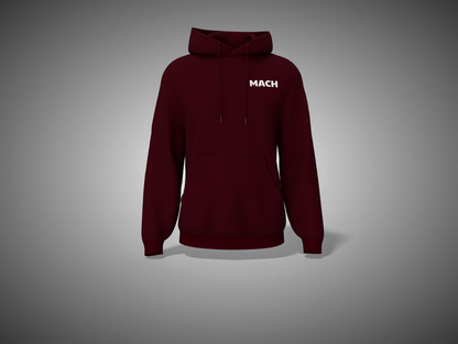Maroon hoodie with 'MACH' logo on a gray background