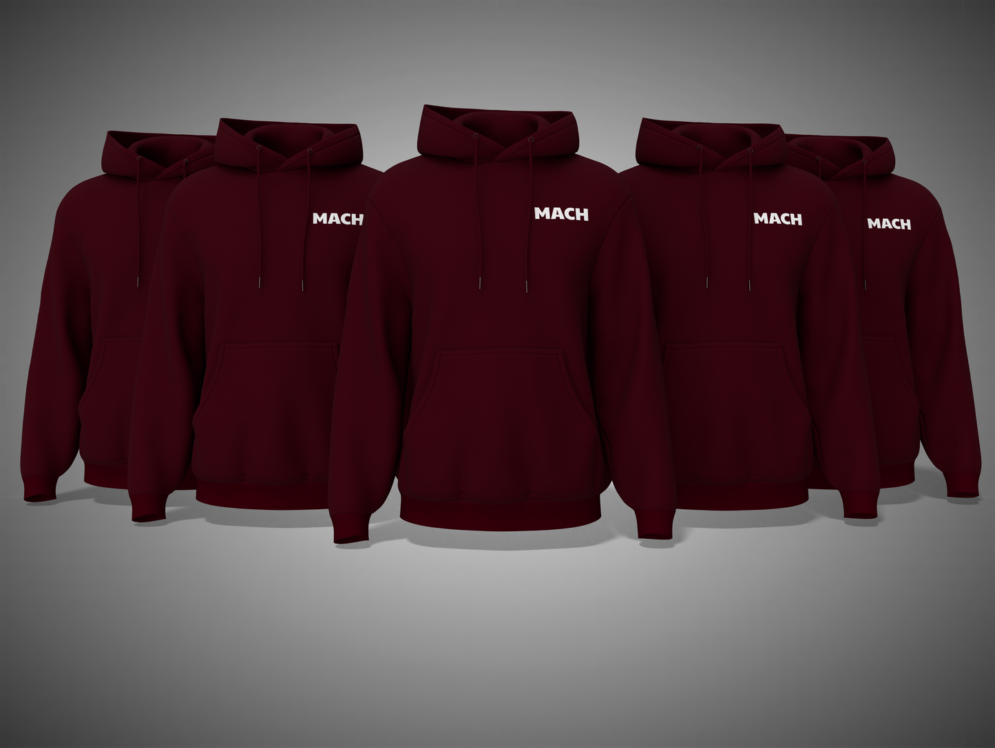 maroon hoodies with 'MACH' branding on a gray background