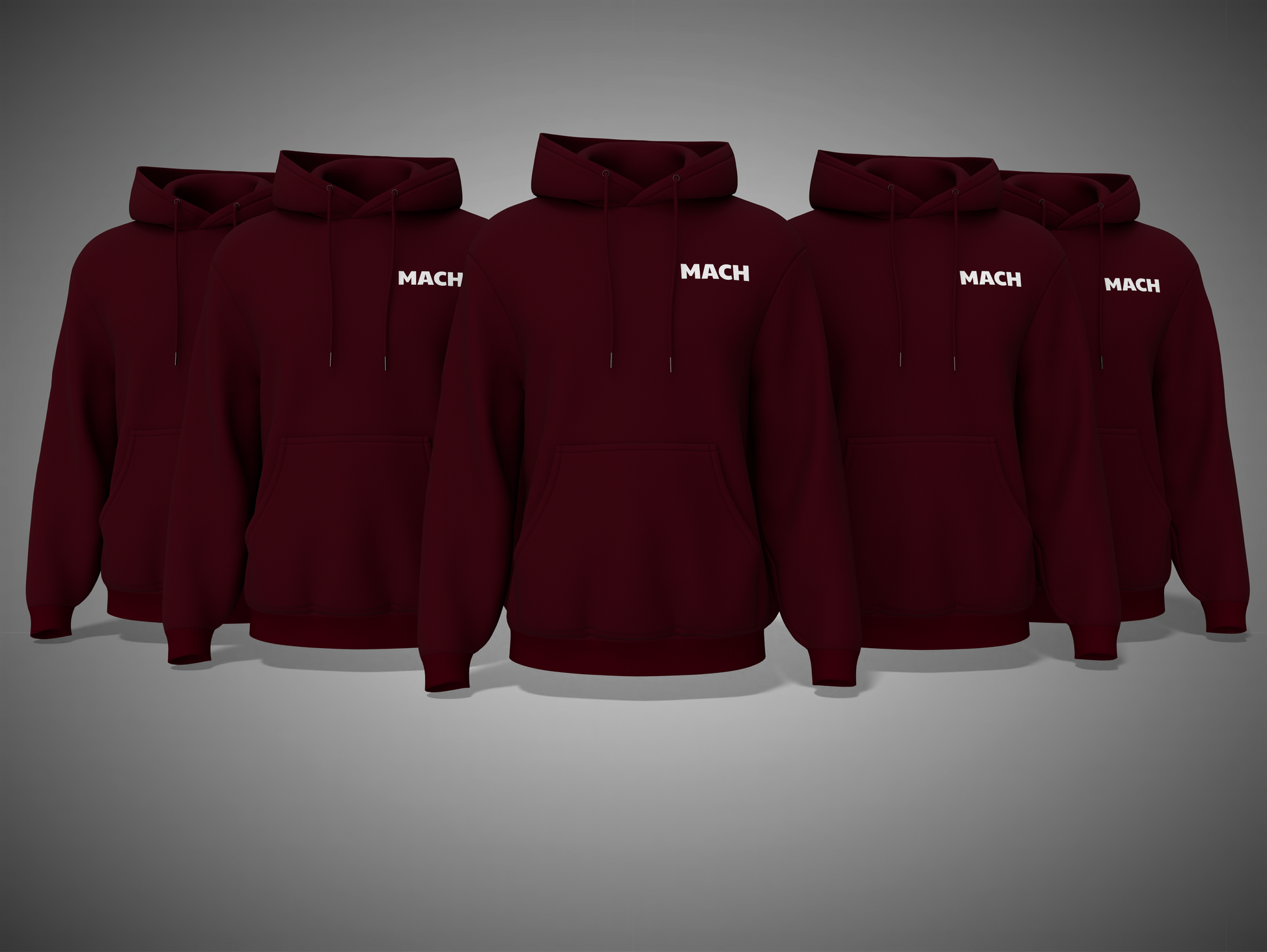 maroon hoodies with 'MACH' branding on a gray background