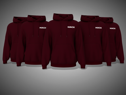 maroon hoodies with 'MACH' branding on a gray background