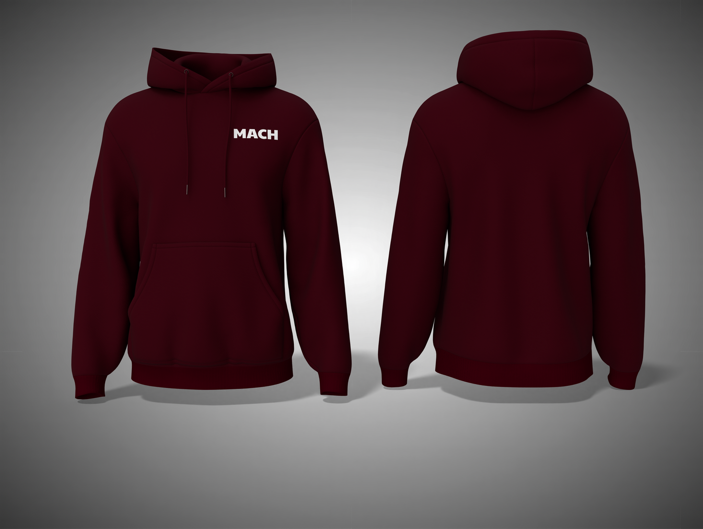 Maroon hoodie with 'MACH' logo on a gray background