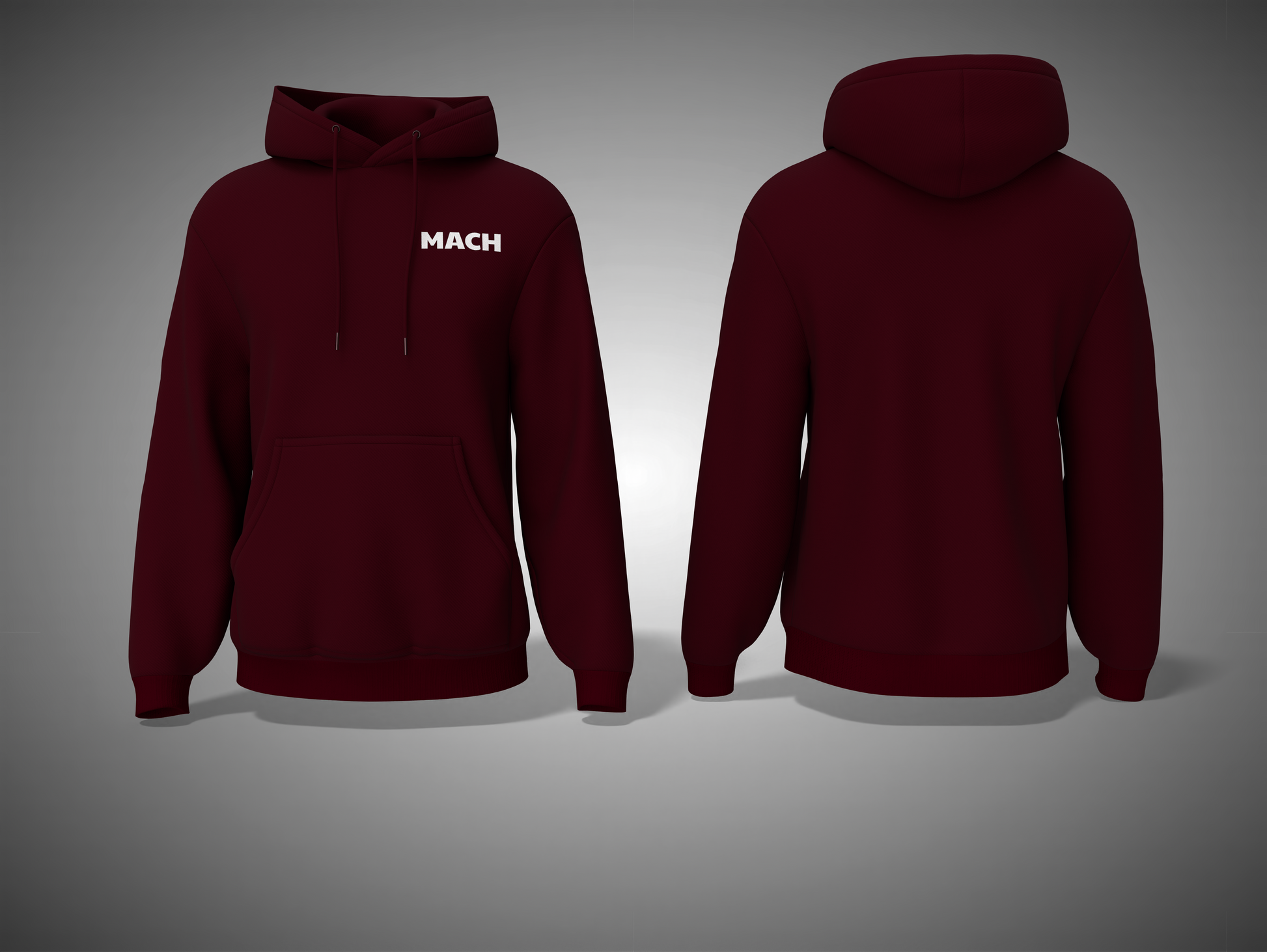 Maroon hoodie with 'MACH' logo on a gray background